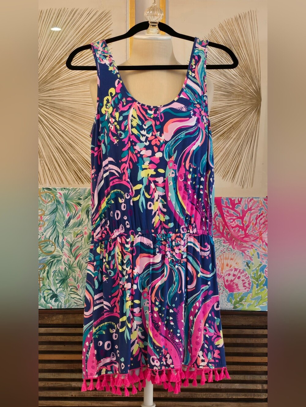 HTF Lilly Pulitzer Jarrett Knit Skirt Romper Beach Loot Skirt Tassels Navy Neon - Picture 2 of 8